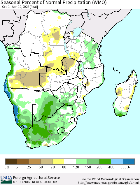 Southern Africa Seasonal Percent of Normal Precipitation (WMO) Thematic Map For 10/1/2021 - 4/10/2022