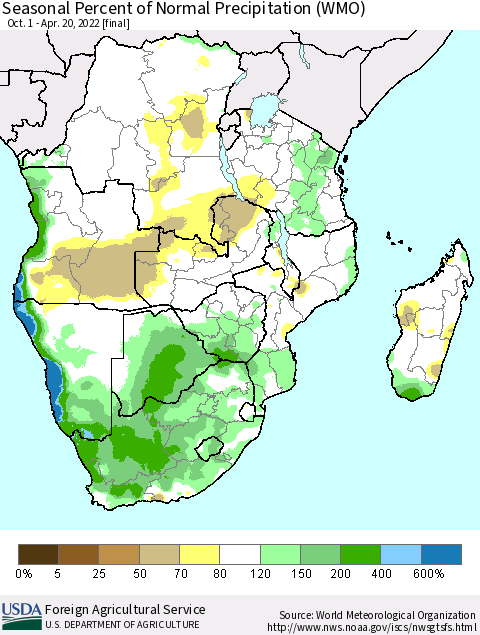 Southern Africa Seasonal Percent of Normal Precipitation (WMO) Thematic Map For 10/1/2021 - 4/20/2022