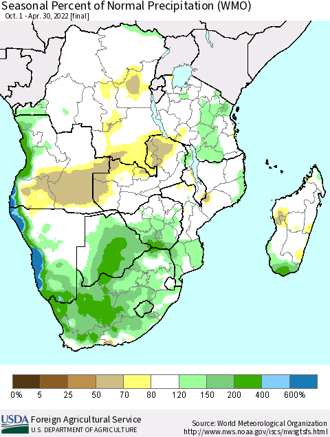 Southern Africa Seasonal Percent of Normal Precipitation (WMO) Thematic Map For 10/1/2021 - 4/30/2022