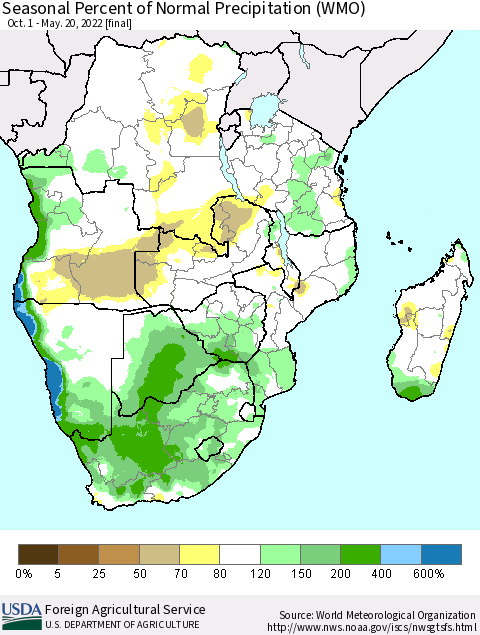 Southern Africa Seasonal Percent of Normal Precipitation (WMO) Thematic Map For 10/1/2021 - 5/20/2022