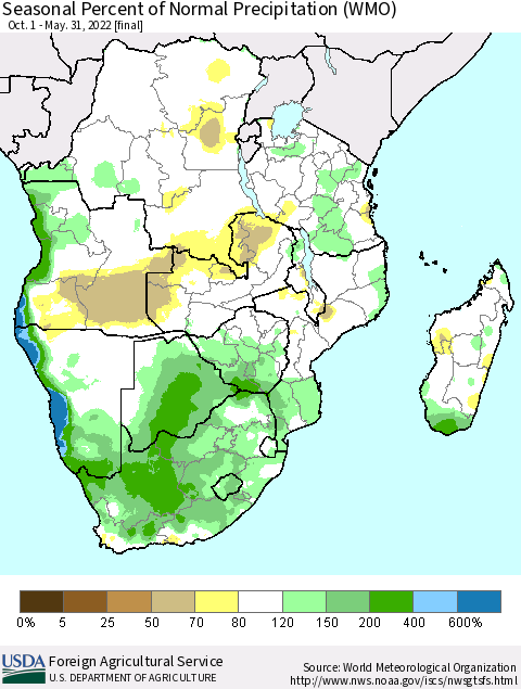 Southern Africa Seasonal Percent of Normal Precipitation (WMO) Thematic Map For 10/1/2021 - 5/31/2022