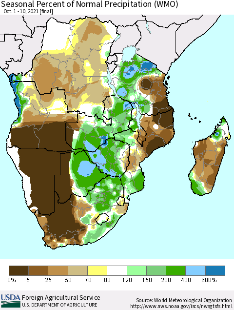 Southern Africa Seasonal Percent of Normal Precipitation (WMO) Thematic Map For 10/1/2021 - 10/10/2021