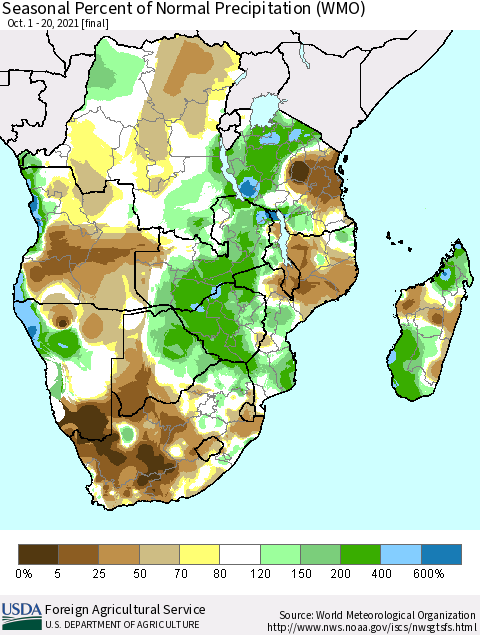 Southern Africa Seasonal Percent of Normal Precipitation (WMO) Thematic Map For 10/1/2021 - 10/20/2021