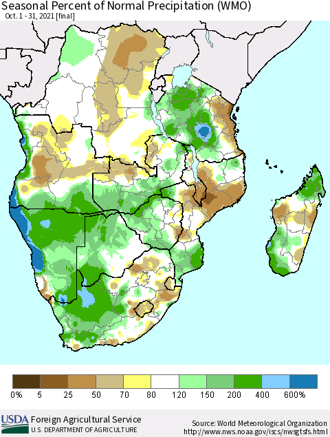 Southern Africa Seasonal Percent of Normal Precipitation (WMO) Thematic Map For 10/1/2021 - 10/31/2021