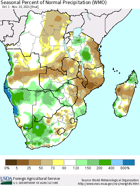 Southern Africa Seasonal Percent of Normal Precipitation (WMO) Thematic Map For 10/1/2021 - 11/10/2021