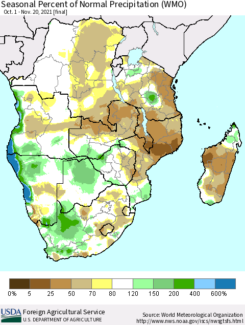 Southern Africa Seasonal Percent of Normal Precipitation (WMO) Thematic Map For 10/1/2021 - 11/20/2021