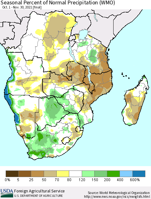 Southern Africa Seasonal Percent of Normal Precipitation (WMO) Thematic Map For 10/1/2021 - 11/30/2021