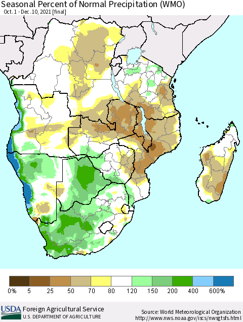 Southern Africa Seasonal Percent of Normal Precipitation (WMO) Thematic Map For 10/1/2021 - 12/10/2021
