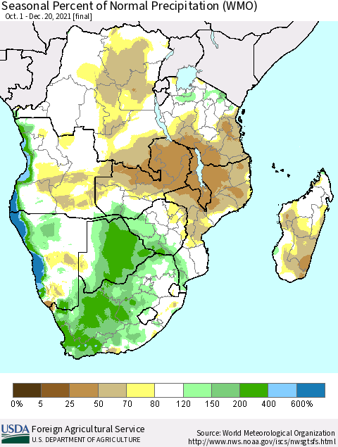 Southern Africa Seasonal Percent of Normal Precipitation (WMO) Thematic Map For 10/1/2021 - 12/20/2021