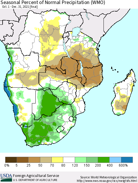 Southern Africa Seasonal Percent of Normal Precipitation (WMO) Thematic Map For 10/1/2021 - 12/31/2021