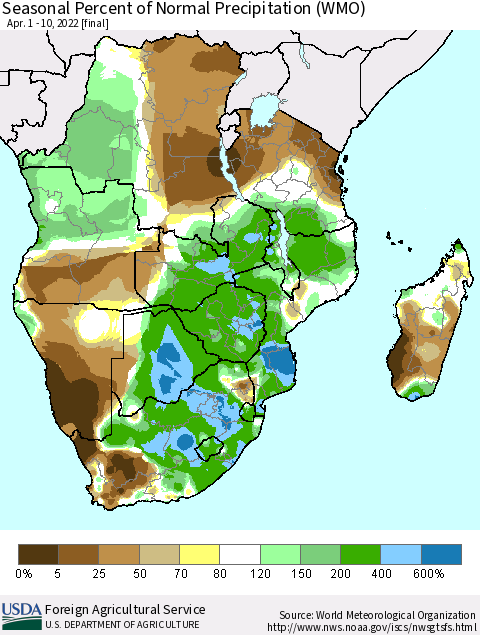 Southern Africa Seasonal Percent of Normal Precipitation (WMO) Thematic Map For 4/1/2022 - 4/10/2022