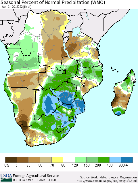 Southern Africa Seasonal Percent of Normal Precipitation (WMO) Thematic Map For 4/1/2022 - 4/20/2022