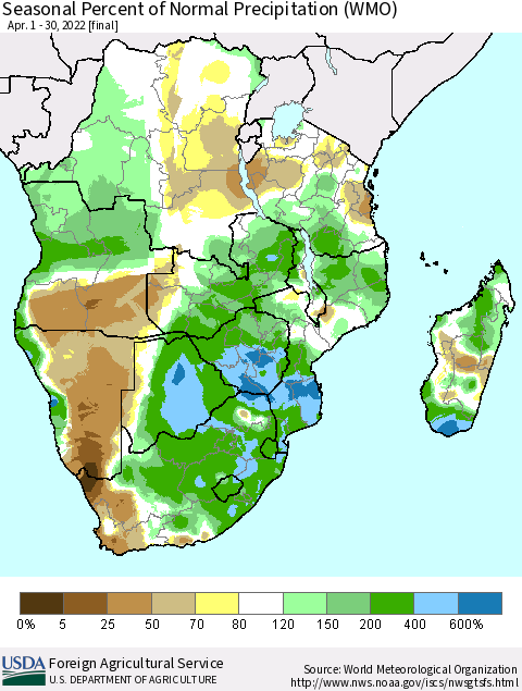Southern Africa Seasonal Percent of Normal Precipitation (WMO) Thematic Map For 4/1/2022 - 4/30/2022