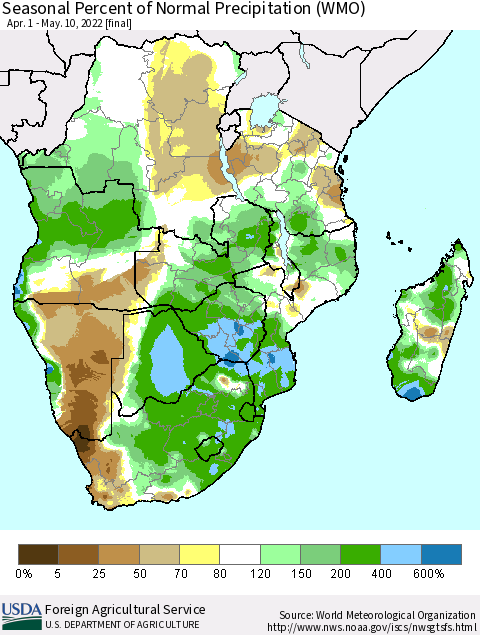 Southern Africa Seasonal Percent of Normal Precipitation (WMO) Thematic Map For 4/1/2022 - 5/10/2022
