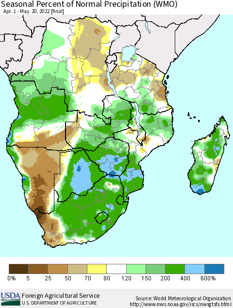 Southern Africa Seasonal Percent of Normal Precipitation (WMO) Thematic Map For 4/1/2022 - 5/20/2022