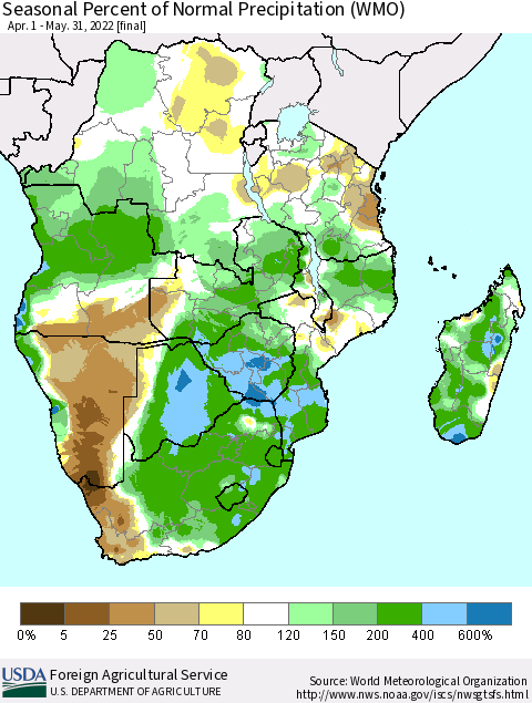 Southern Africa Seasonal Percent of Normal Precipitation (WMO) Thematic Map For 4/1/2022 - 5/31/2022