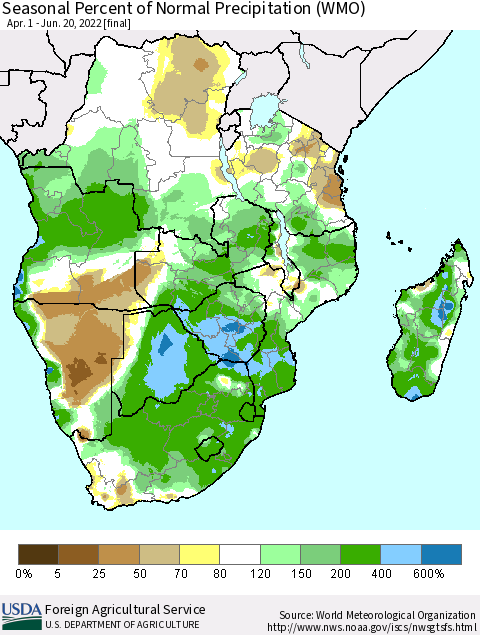 Southern Africa Seasonal Percent of Normal Precipitation (WMO) Thematic Map For 4/1/2022 - 6/20/2022