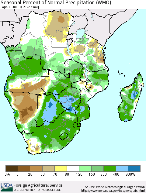 Southern Africa Seasonal Percent of Normal Precipitation (WMO) Thematic Map For 4/1/2022 - 7/10/2022