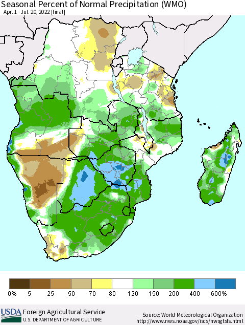 Southern Africa Seasonal Percent of Normal Precipitation (WMO) Thematic Map For 4/1/2022 - 7/20/2022