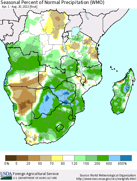 Southern Africa Seasonal Percent of Normal Precipitation (WMO) Thematic Map For 4/1/2022 - 8/20/2022