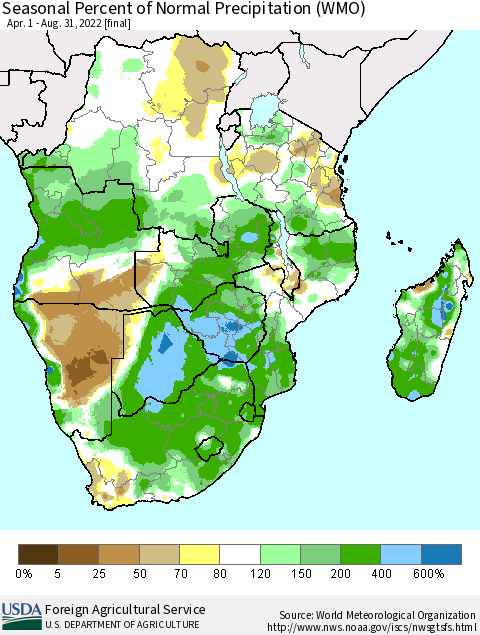 Southern Africa Seasonal Percent of Normal Precipitation (WMO) Thematic Map For 4/1/2022 - 8/31/2022