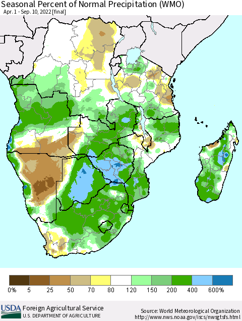 Southern Africa Seasonal Percent of Normal Precipitation (WMO) Thematic Map For 4/1/2022 - 9/10/2022