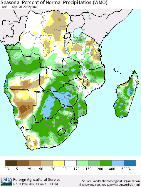 Southern Africa Seasonal Percent of Normal Precipitation (WMO) Thematic Map For 4/1/2022 - 9/20/2022