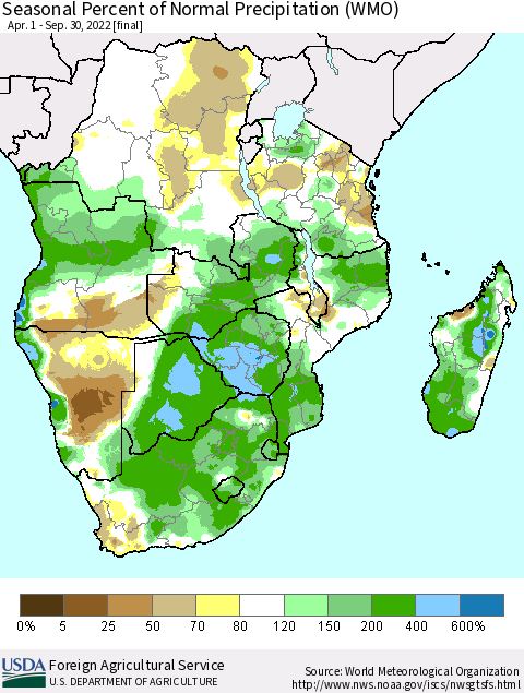 Southern Africa Seasonal Percent of Normal Precipitation (WMO) Thematic Map For 4/1/2022 - 9/30/2022