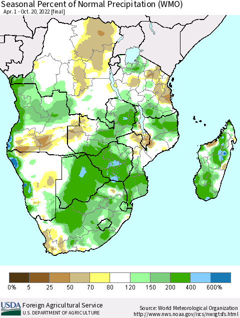 Southern Africa Seasonal Percent of Normal Precipitation (WMO) Thematic Map For 4/1/2022 - 10/20/2022