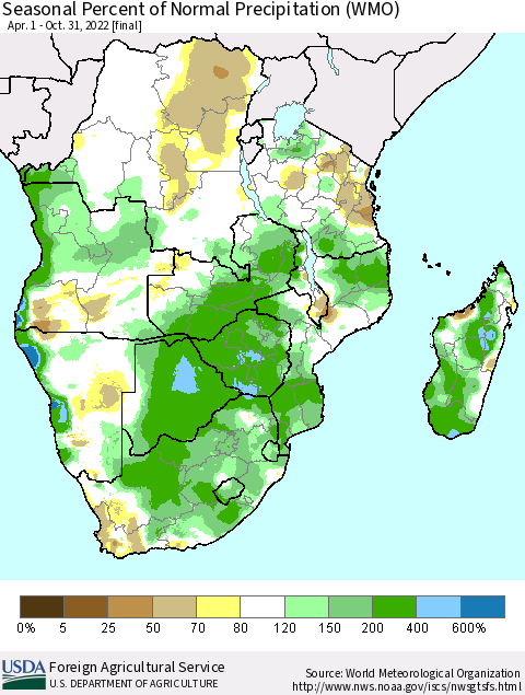 Southern Africa Seasonal Percent of Normal Precipitation (WMO) Thematic Map For 4/1/2022 - 10/31/2022
