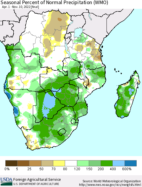 Southern Africa Seasonal Percent of Normal Precipitation (WMO) Thematic Map For 4/1/2022 - 11/10/2022