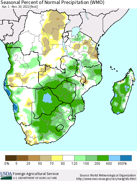 Southern Africa Seasonal Percent of Normal Precipitation (WMO) Thematic Map For 4/1/2022 - 11/20/2022
