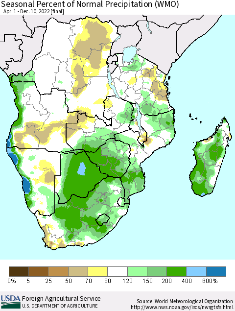 Southern Africa Seasonal Percent of Normal Precipitation (WMO) Thematic Map For 4/1/2022 - 12/10/2022