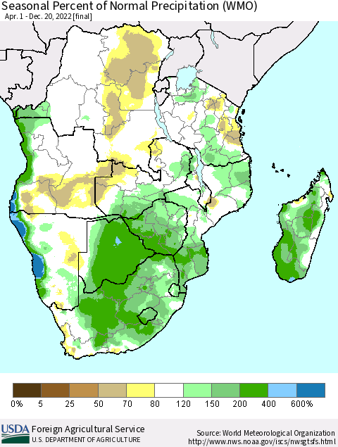 Southern Africa Seasonal Percent of Normal Precipitation (WMO) Thematic Map For 4/1/2022 - 12/20/2022