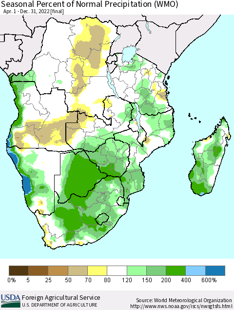 Southern Africa Seasonal Percent of Normal Precipitation (WMO) Thematic Map For 4/1/2022 - 12/31/2022