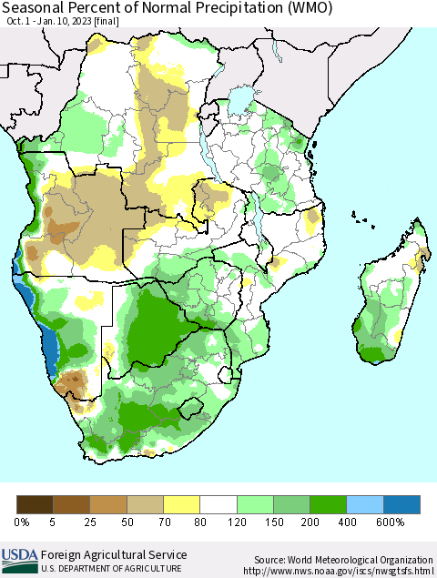 Southern Africa Seasonal Percent of Normal Precipitation (WMO) Thematic Map For 10/1/2022 - 1/10/2023