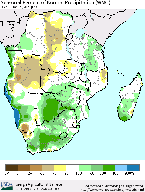 Southern Africa Seasonal Percent of Normal Precipitation (WMO) Thematic Map For 10/1/2022 - 1/20/2023