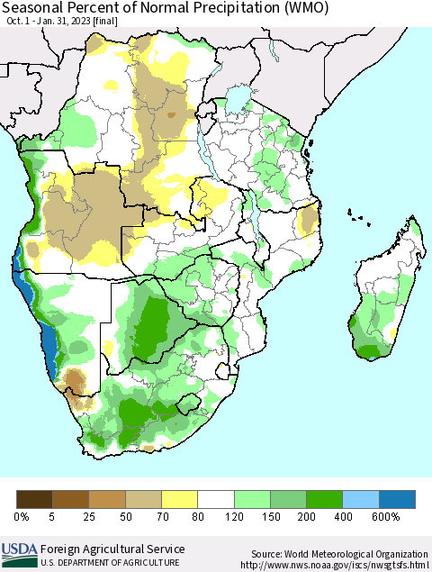 Southern Africa Seasonal Percent of Normal Precipitation (WMO) Thematic Map For 10/1/2022 - 1/31/2023