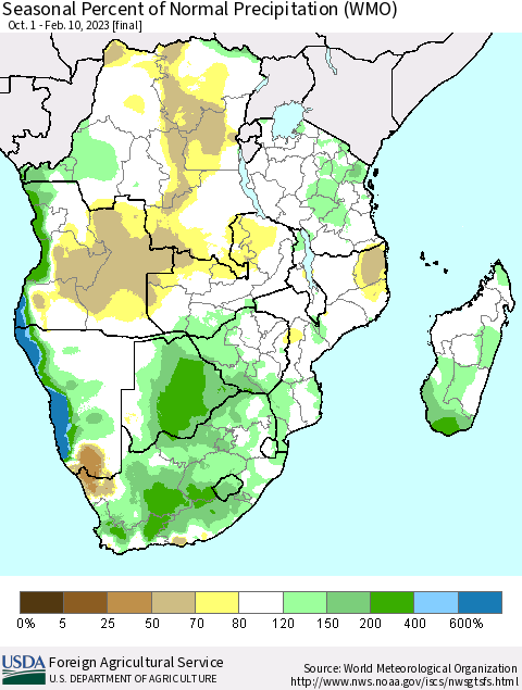 Southern Africa Seasonal Percent of Normal Precipitation (WMO) Thematic Map For 10/1/2022 - 2/10/2023