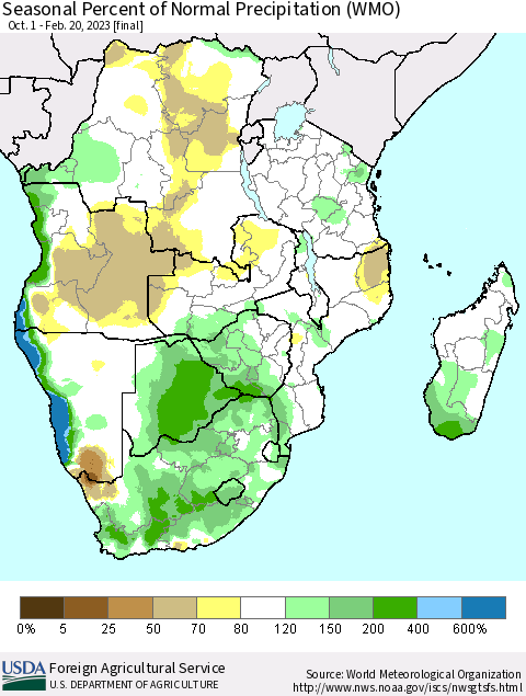 Southern Africa Seasonal Percent of Normal Precipitation (WMO) Thematic Map For 10/1/2022 - 2/20/2023