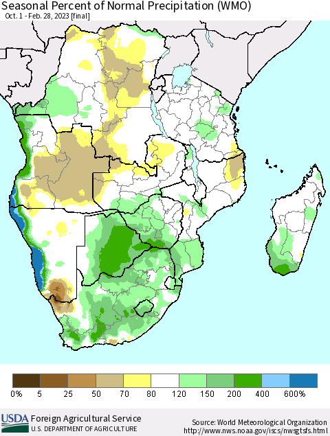 Southern Africa Seasonal Percent of Normal Precipitation (WMO) Thematic Map For 10/1/2022 - 2/28/2023