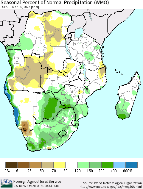 Southern Africa Seasonal Percent of Normal Precipitation (WMO) Thematic Map For 10/1/2022 - 3/10/2023