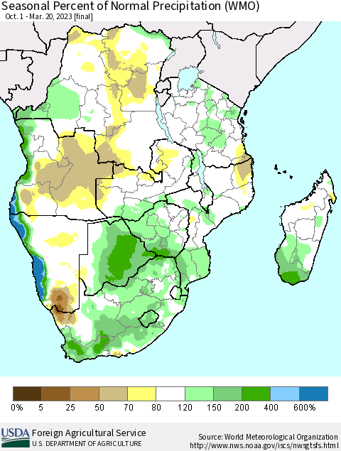 Southern Africa Seasonal Percent of Normal Precipitation (WMO) Thematic Map For 10/1/2022 - 3/20/2023