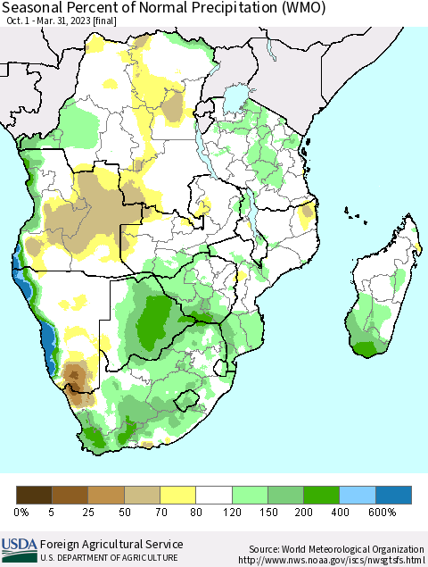 Southern Africa Seasonal Percent of Normal Precipitation (WMO) Thematic Map For 10/1/2022 - 3/31/2023