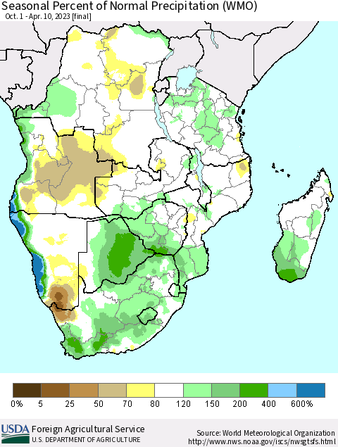 Southern Africa Seasonal Percent of Normal Precipitation (WMO) Thematic Map For 10/1/2022 - 4/10/2023