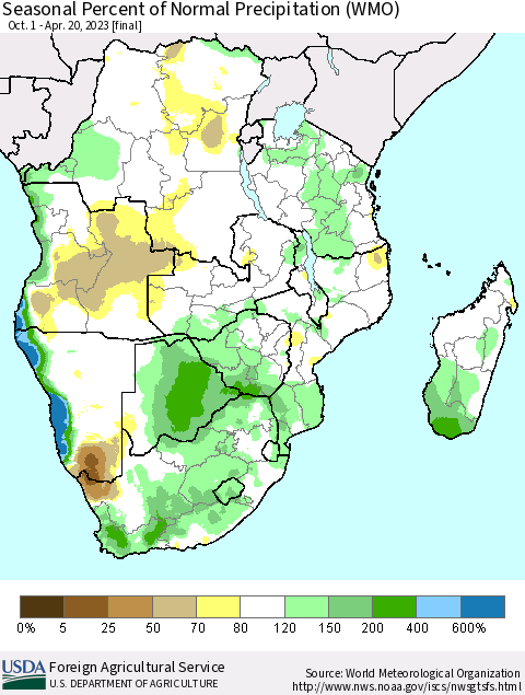 Southern Africa Seasonal Percent of Normal Precipitation (WMO) Thematic Map For 10/1/2022 - 4/20/2023