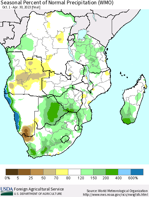 Southern Africa Seasonal Percent of Normal Precipitation (WMO) Thematic Map For 10/1/2022 - 4/30/2023