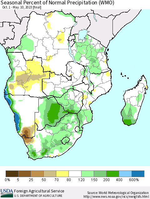 Southern Africa Seasonal Percent of Normal Precipitation (WMO) Thematic Map For 10/1/2022 - 5/10/2023