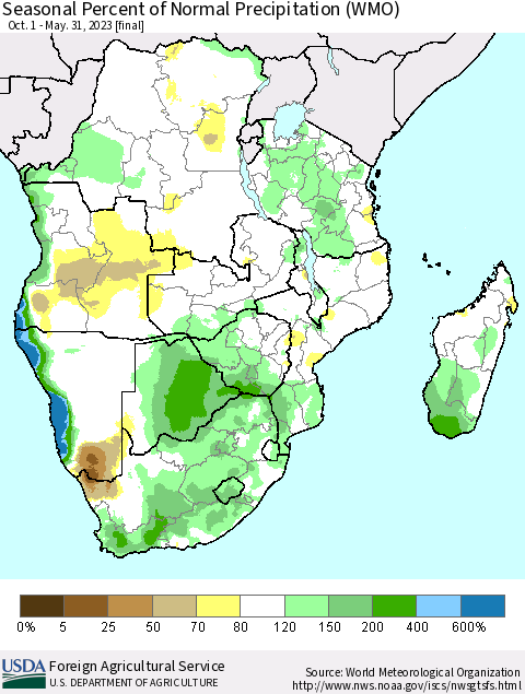 Southern Africa Seasonal Percent of Normal Precipitation (WMO) Thematic Map For 10/1/2022 - 5/31/2023