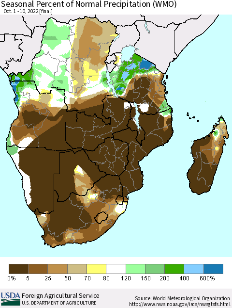 Southern Africa Seasonal Percent of Normal Precipitation (WMO) Thematic Map For 10/1/2022 - 10/10/2022
